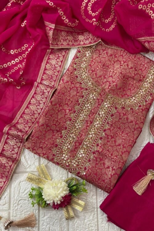 Banarasi Silk Embroidered Suit Set with Mirror & zari Work