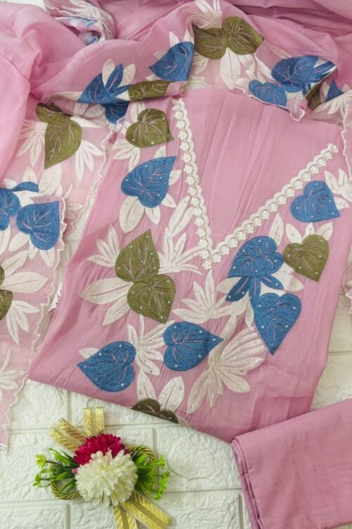 Mul Cotton embroidered leafy neck suit set