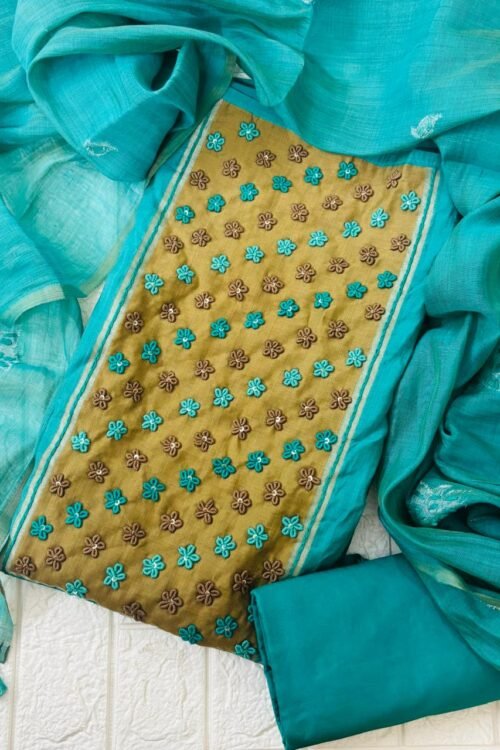 Pure Linen suit set with golden flower detailings
