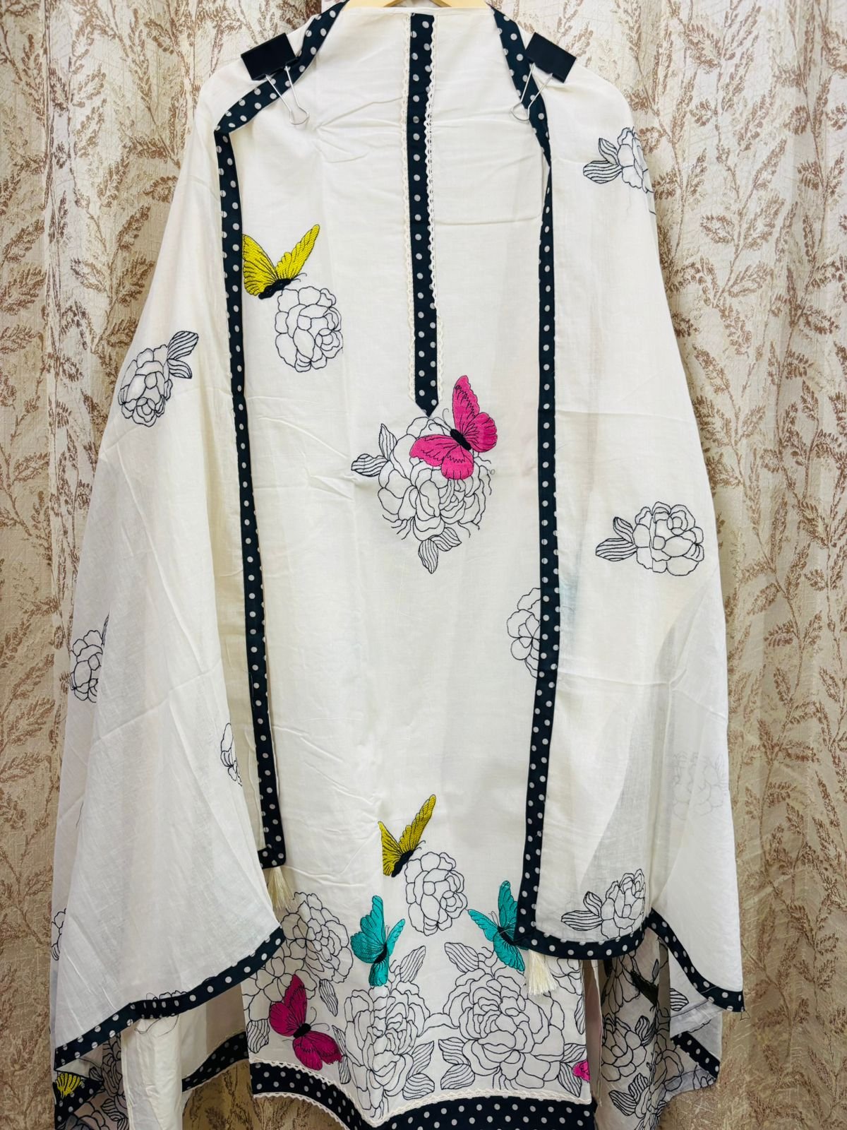 White Floral & Butterfly Embroidered Cotton Suit Set with Polka Dot Border
