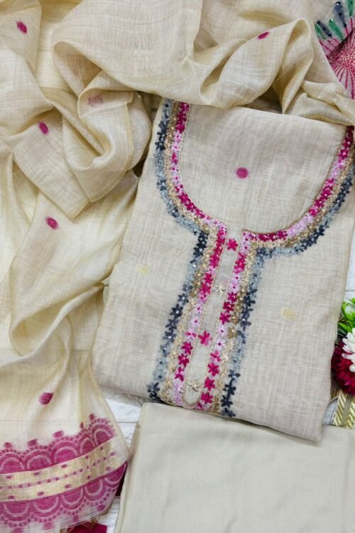 Floral Embroidered beige color maheshwari silk suit Set