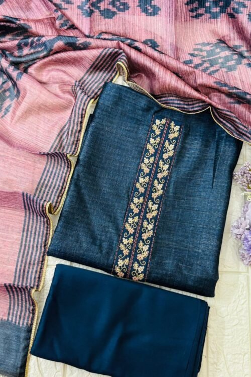Navy Blue tussar silk Embroidered Suit Set with beautiful Dupatta