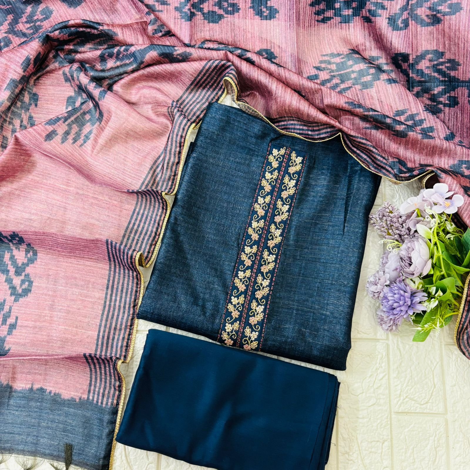 Navy Blue tussar silk Embroidered Suit Set with beautiful Dupatta
