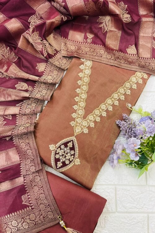 Premium Banarasi-Inspired Embroidered Suit Set with Woven Dupatta
