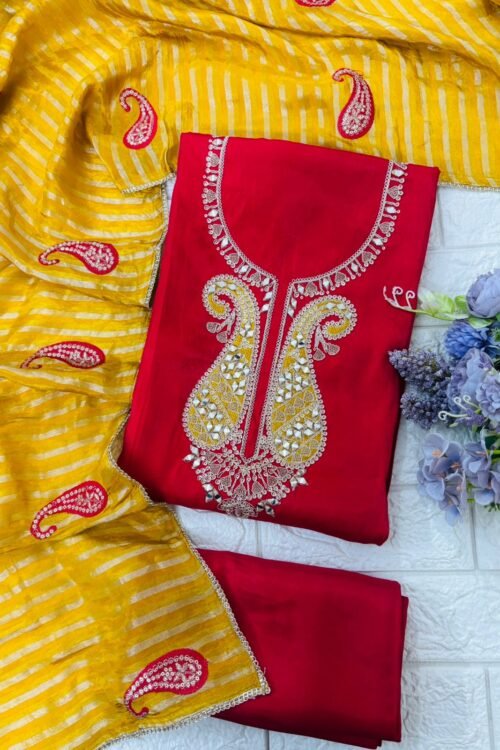 Red Embroidered Roman Silk Suit Set with Yellow Dupatta