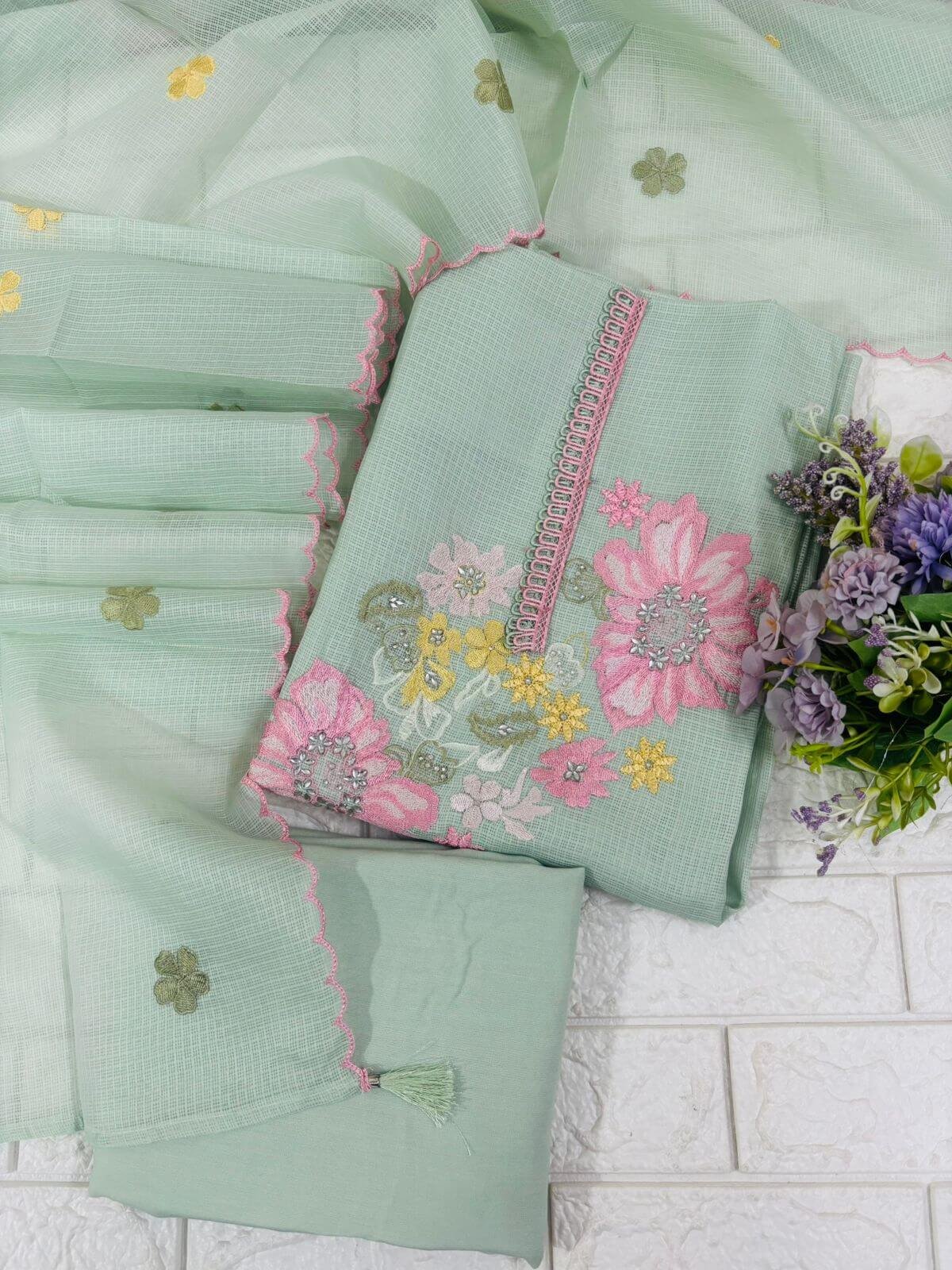 Kota doriya pastel floral embroidery suit fabric - Image 4