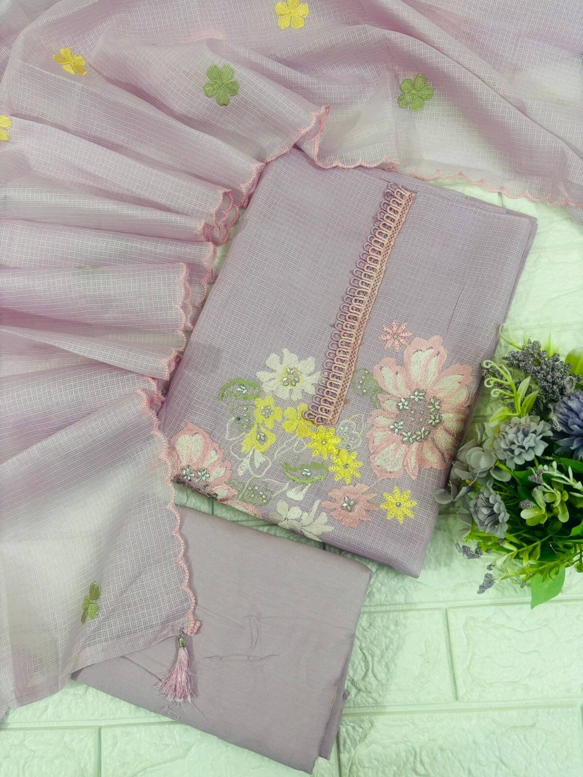 Kota doriya pastel floral embroidery suit fabric - Image 3
