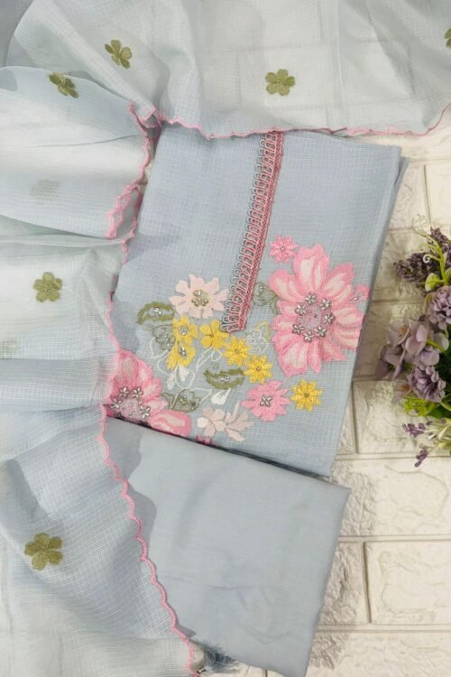 Kota doriya pastel floral embroidery suit fabric