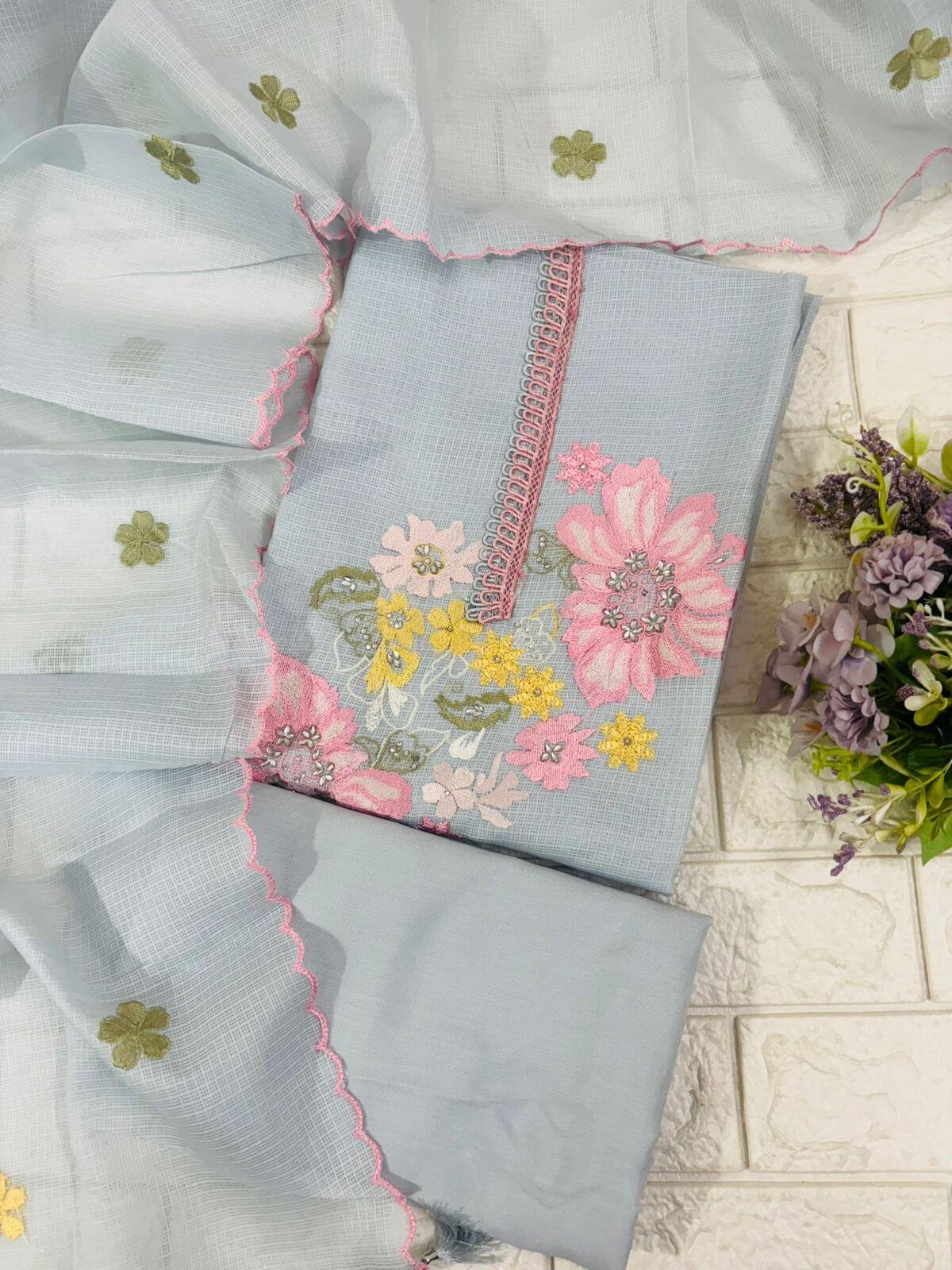 Kota doriya pastel floral embroidery suit fabric