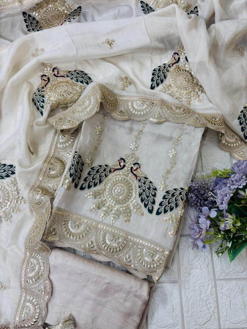 Shimmer silk embroidered dori peacock suit set