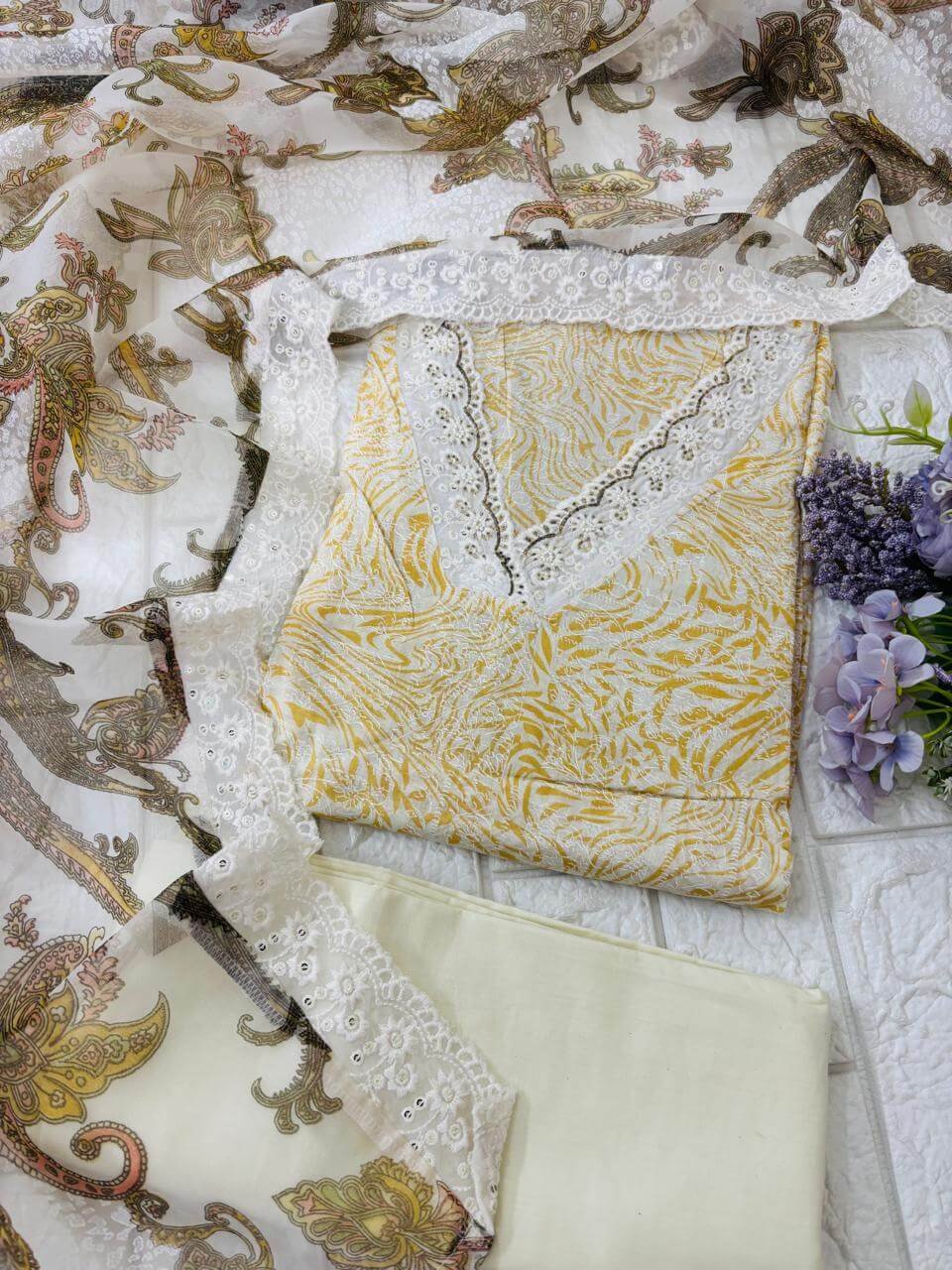 Crochet neck Cotton suit fabric with organza dupatta