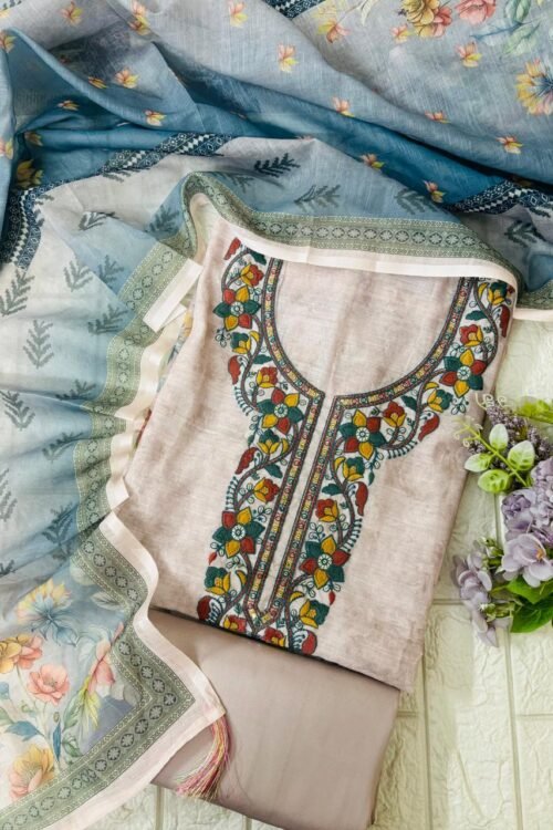 Pure linen beautiful embroidered neckline suit fabric