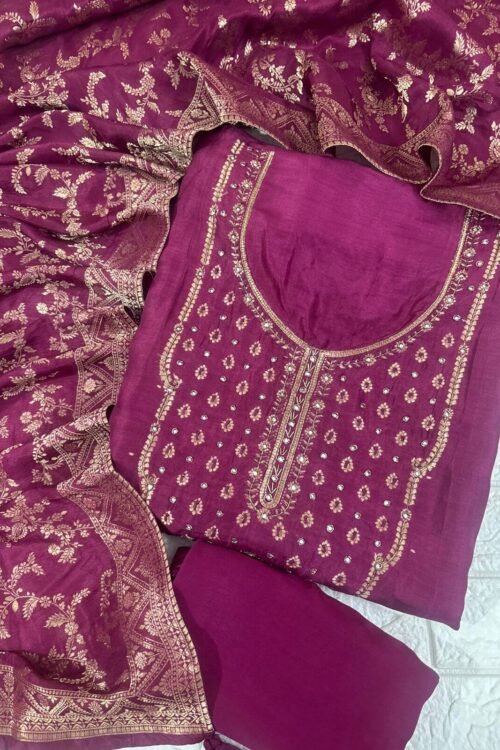 Wine silk suit fabric with handwork detailing and banarsi dupatta