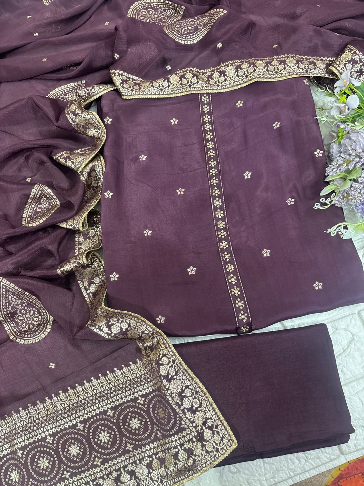 Rich wine Pure crepe handwork detail suit fabric with zari weave