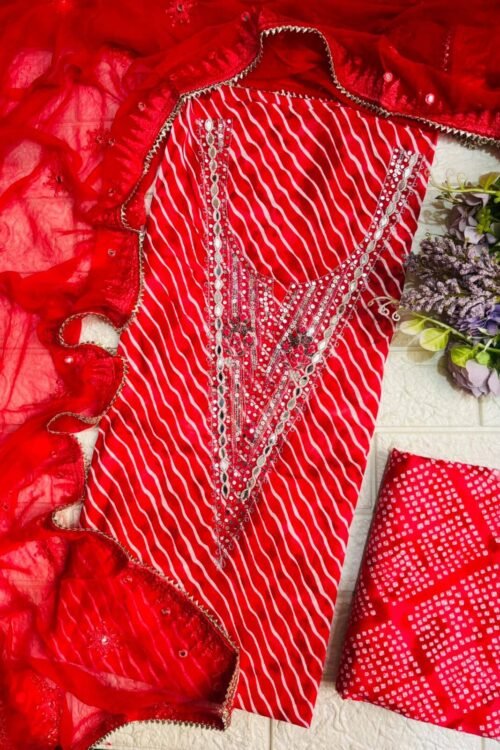 Pure cotton with mirror neckline suit fabric and chiffon dupatta