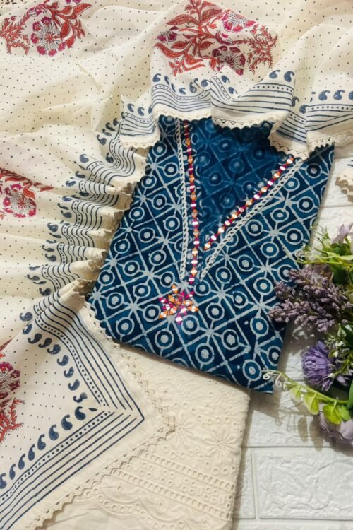 Ivory Indigo handcrafted pure cotton suit set with mirror necklin